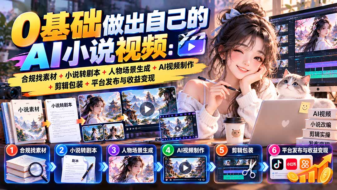 0基础做出自己的AI小说视频：合规找素材+小说转剧本+人物场景生成+AI视频制作+剪辑包装+平台发布与收益变现-云科数创