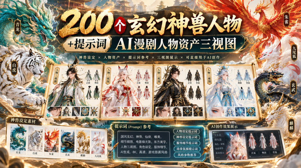200个玄幻神兽人物+提示词ai漫剧人物资产三视图-云科数创