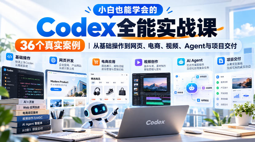 小白也能学会的Codex全能实战课｜36个真实案例，从基础操作到网页、电商、视频、Agent与项目交付-云科数创