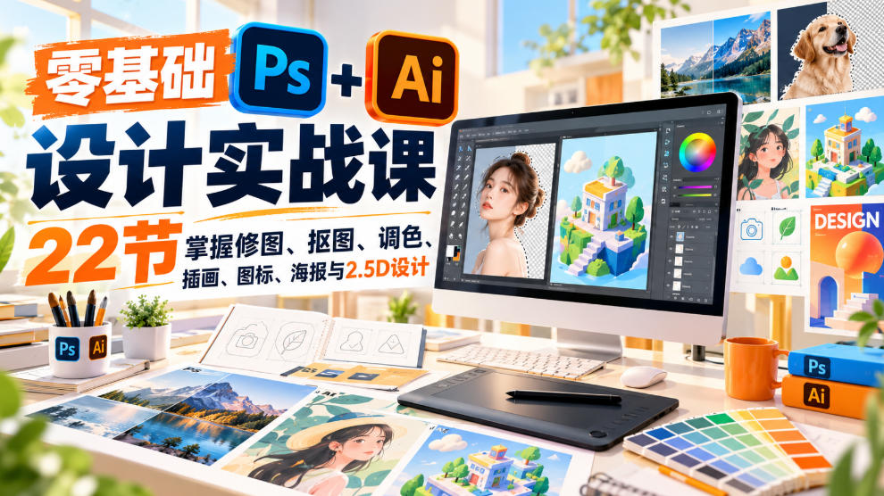 【无水印】零基础PS+AI设计实战课｜22节掌握修图、抠图、调色、插画、图标、海报与2.5D设计-云科数创