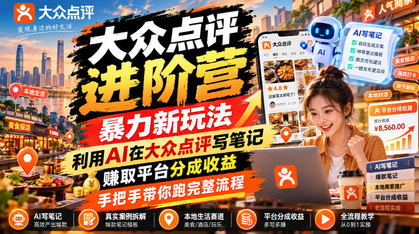 大众点评进阶营，暴力新玩法，利用AI在大众点评写笔记， 賺取平台分成收益，手把手带你跑完整流程-云科数创