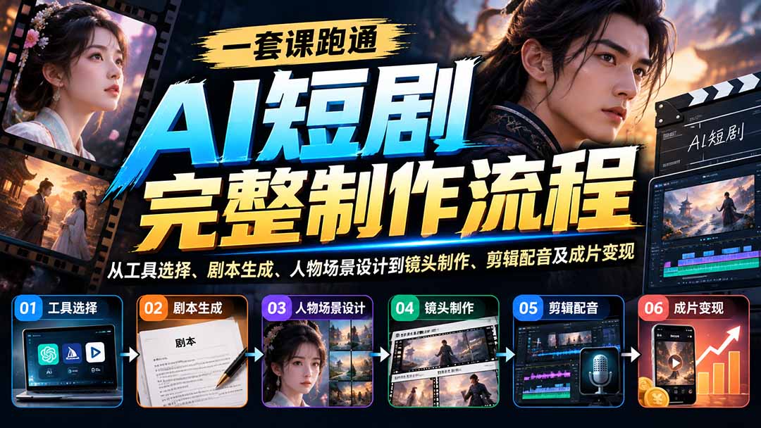 一套课跑通AI短剧完整制作流程：从工具选择、剧本生成、人物场景设计到镜头制作、剪辑配音及成片变现-云科数创