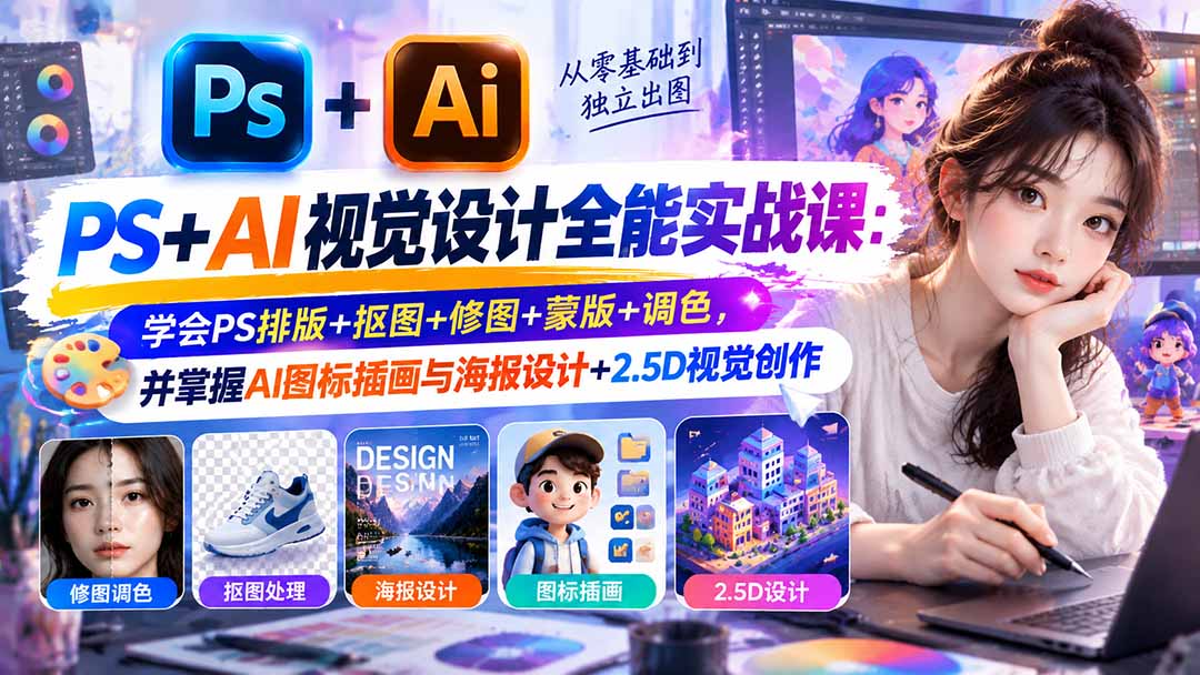 【无水印】PS+AI视觉设计全能实战课：学会PS排版+抠图+修图+蒙版+调色，并掌握AI图标插画与海报设计+2.5D视觉创作-云科数创