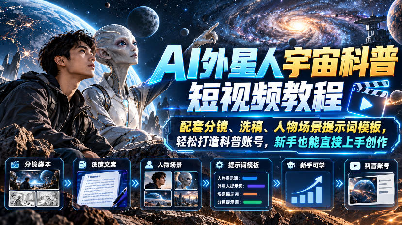 AI外星人宇宙科普短视频教程，配套分镜、洗稿、人物场景提示词模板，轻松打造科普账号，新手也能直接上手创作-云科数创