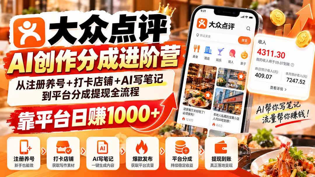 大众点评AI创作分成进阶营：从注册养号+打卡店铺+AI写笔记到平台分成提现全流程，靠平台日赚1000+-云科数创