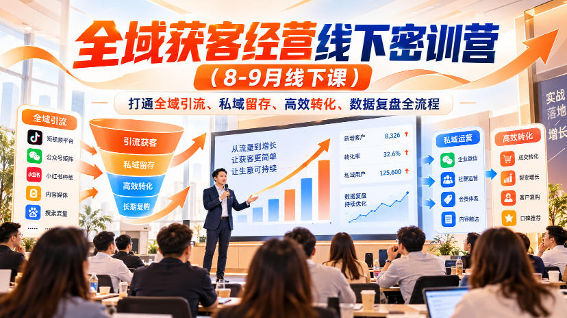 全域获客经营线下密训营(8-9月线下课),打通全域引流、私域留存、高效转化、数据复盘全流程-云科数创