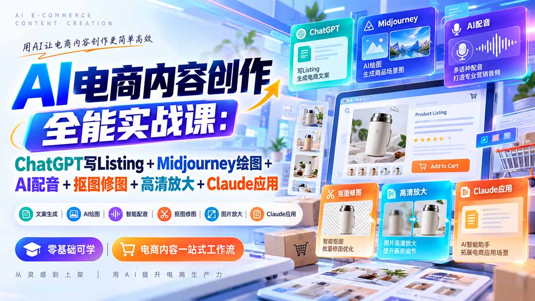 【无水印】AI电商内容创作全能实战课:ChatGPT写Listing+Midjourney绘图+AI配音+抠图修图+高清放大+Claude应用-云科数创