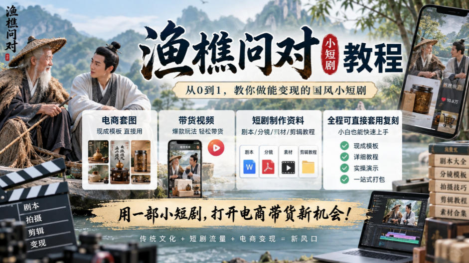 渔樵问对小短剧教程,包含电商套图、带货视频,短剧制作资料,全程可直接套用复刻-云科数创