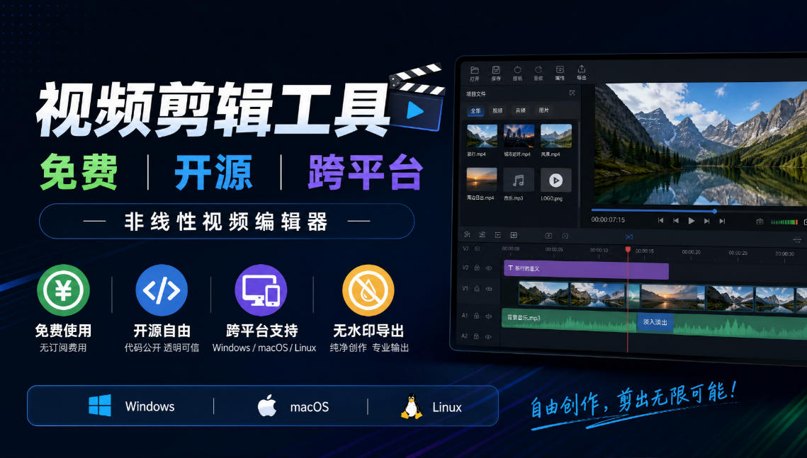 视频剪辑工具，免费、开源、跨平台，非线性视频编辑器，支持Windows、macOS、Linux，无水印、无订阅费用-云科数创