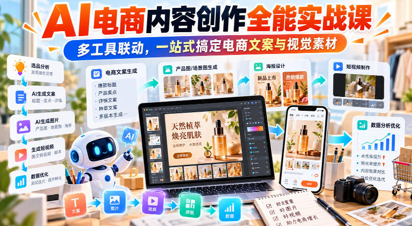 【无水印】AI电商内容创作全能实战课|多工具联动,一站式搞定电商文案与视觉素材-云科数创