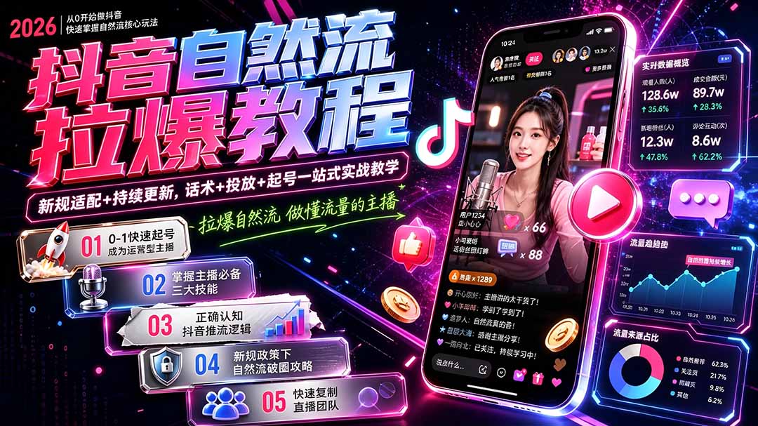 抖音自然流拉爆教程-更新1002:做懂流量的主播,新规适配+持续更新,话术+投放+起号一站式实战教学-云科数创