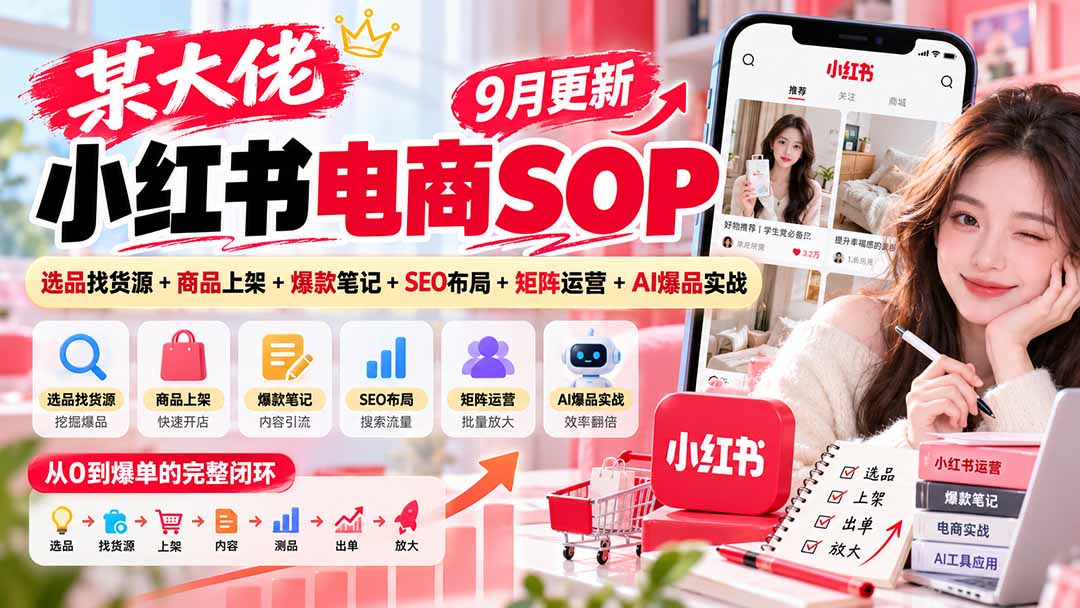 某大佬小红书电商SOP｜9月更新：选品找货源+商品上架+爆款笔记+SEO布局+矩阵运营+AI爆品实战-云科数创