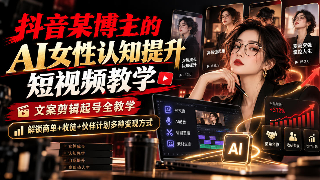 抖音某博主的Ai女性认知提升短视频教学,文案剪辑起号全教学,解锁商单+收徒+伙伴计划多种变现方式-云科数创