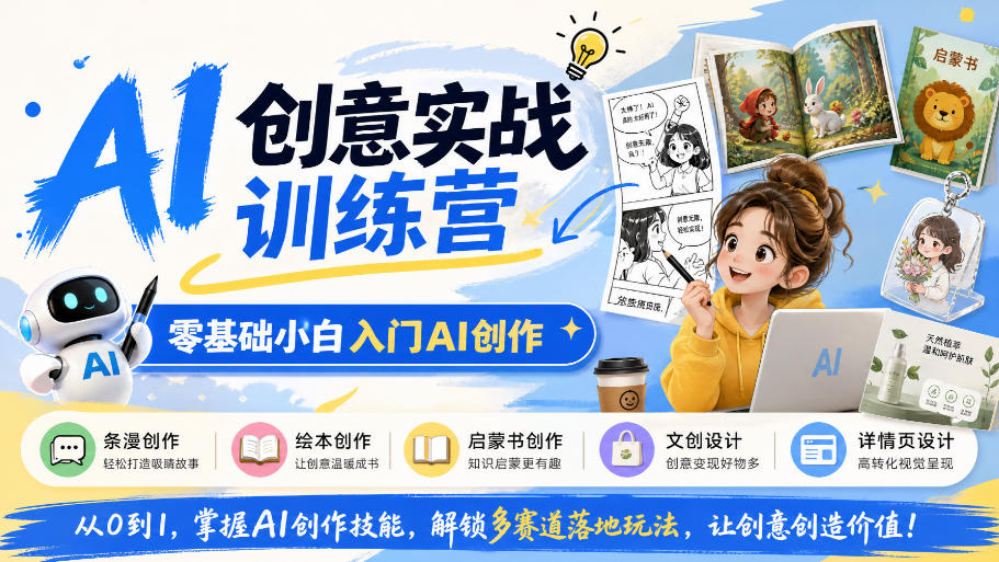 AI创意实战训练营，零基础小白入门AI创作，解锁条漫、绘本、启蒙书、文创、详情页多赛道落地玩法-云科数创