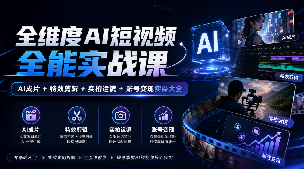 全维度AI短视频全能实战课，AI成片+特效剪辑+实拍运镜+账号变现实操大全-云科数创
