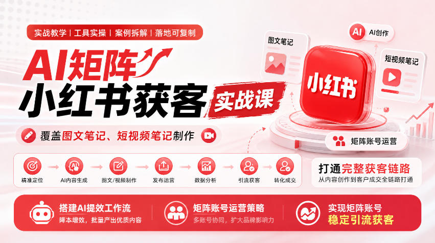 AI矩阵小红书获客实战课，覆盖图文笔记、短视频笔记制作，打通完整获客链路，搭建AI提效工作流，实现矩阵账号稳定引流获客-云科数创