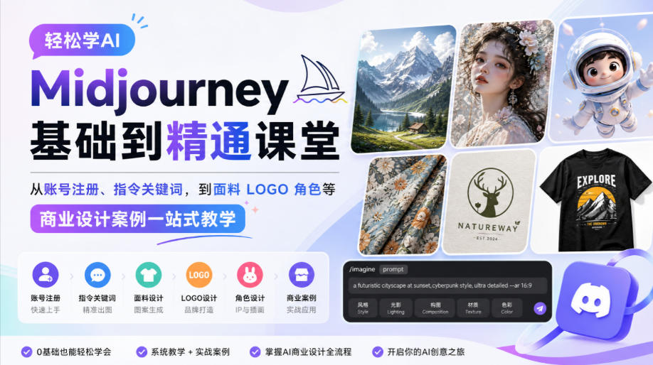 轻松学AI Midjourney基础到精通课堂，从账号注册、指令关键词，到面料LOGO角色等商业设计案例一站式教学-云科数创
