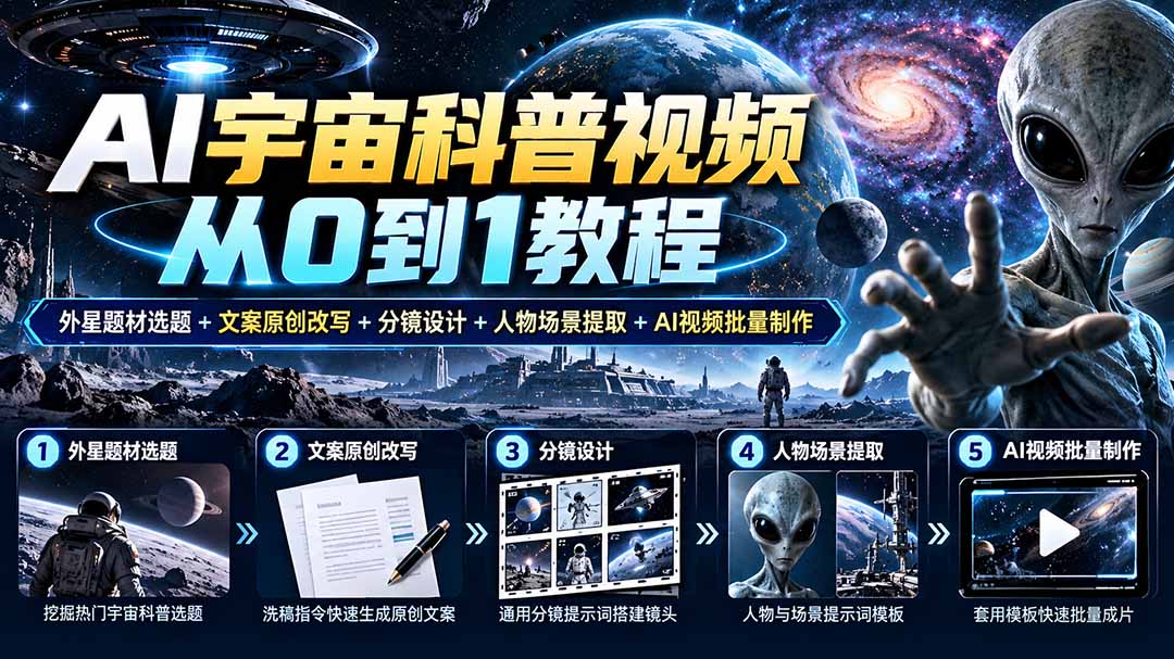 AI宇宙科普视频从0到1教程|外星题材选题+文案原创改写+分镜设计+人物场景提取+AI视频批量制作-云科数创