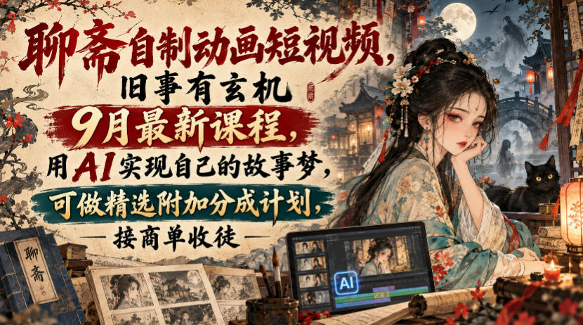 聊斋自制动画短视频，旧事有玄机9月最新课程，用AI实现自己的故事梦，可做精选附加分成计划，接商单收徒-云科数创
