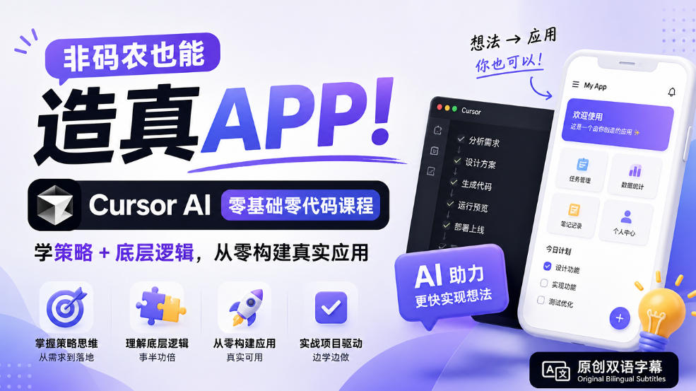 非码农也能造真APP!Cursor AI零基础零代码课程:学策略+底层逻辑,从零构建真实应用【原创双语字幕】-云科数创