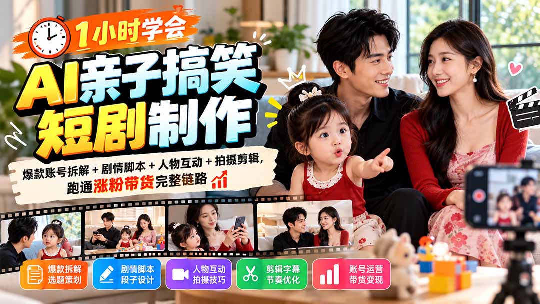1小时学会AI亲子搞笑短剧制作:爆款账号拆解+剧情脚本+人物互动+拍摄剪辑,跑通涨粉带货完整链路-云科数创