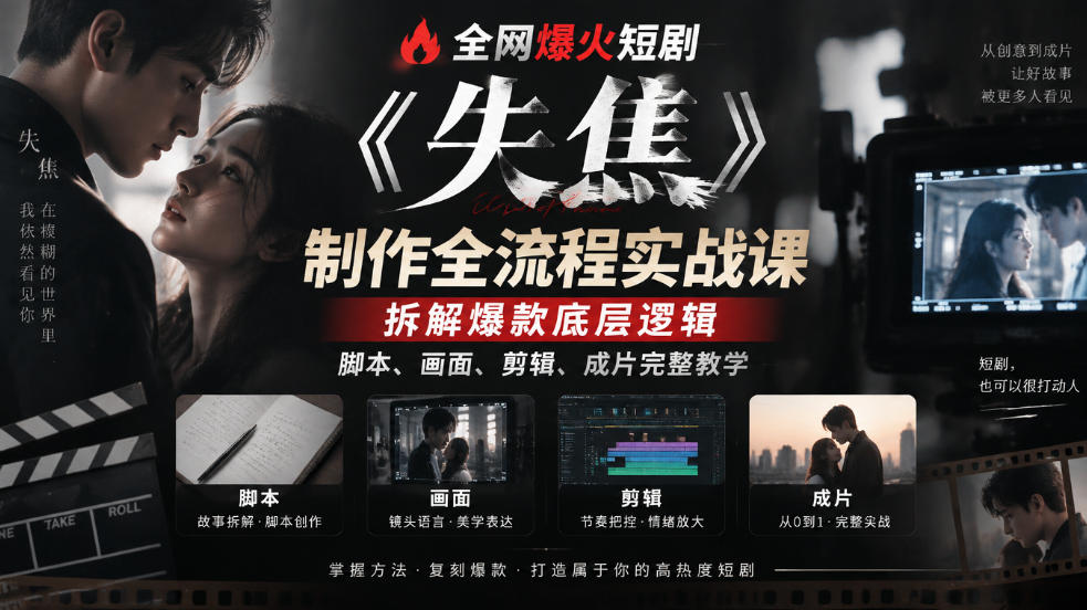 全网爆火短剧《失焦》制作全流程实战课|拆解爆款底层逻辑,脚本、画面、剪辑、成片完整教学-云科数创