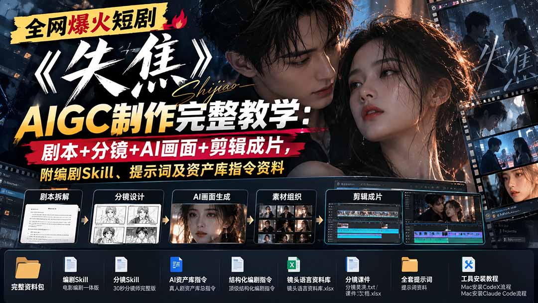 全网爆火短剧《失焦》AIGC制作完整教学:剧本+分镜+AI画面+剪辑成片,附编剧Skill、提示词及资产库指令资料-云科数创