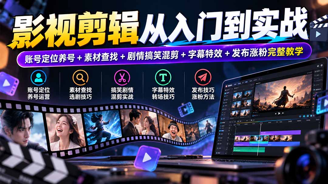 影视剪辑从入门到实战:账号定位养号+素材查找+剧情搞笑混剪+字幕特效+发布涨粉完整教学-云科数创