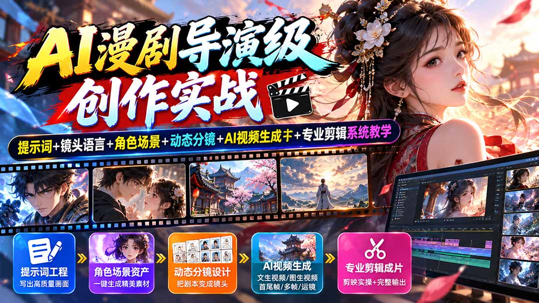 AI漫剧导演级创作实战:提示词+镜头语言+角色场景+动态分镜+AI视频生成+专业剪辑系统教学-云科数创