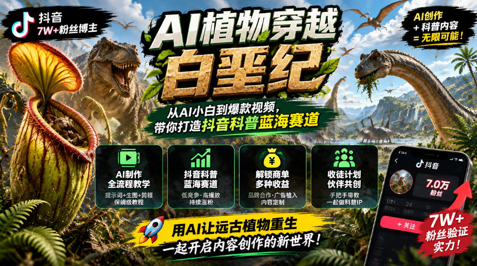 抖音7W粉丝博主的AI植物穿越白垩纪教学,抖音科普蓝海赛道,解锁商单收徒伙伴计划等多种收益-云科数创