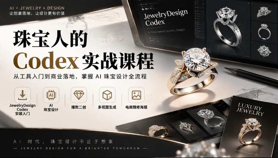 珠宝人的Codex实战课程|JewelryDesign Codex安装入门、AI珠宝设计、爆款二创、多视图生成、电商精修海报全链路教学-云科数创