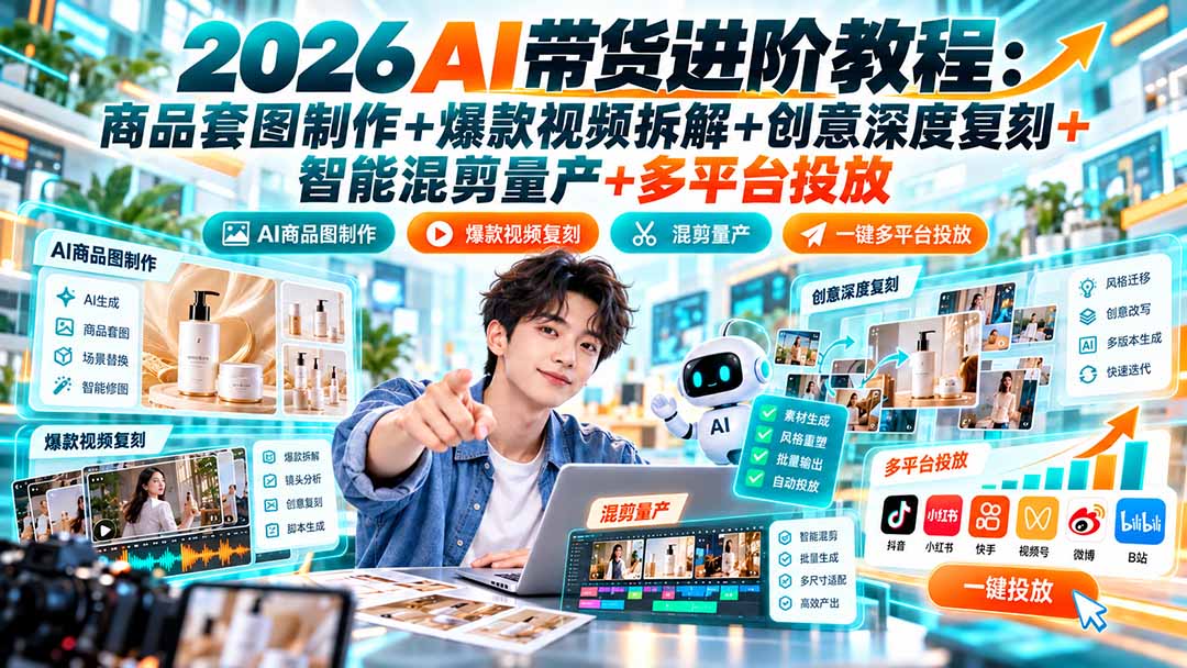 2026AI带货进阶教程:商品套图制作+爆款视频拆解+创意深度复刻+智能混剪量产+多平台投放-云科数创