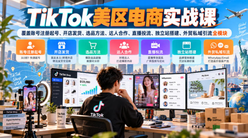 TikTok美区电商实战课,覆盖账号注册起号、开店发货、选品方法、达人合作、直播投流、独立站搭建、外贸私域引流全模块-云科数创