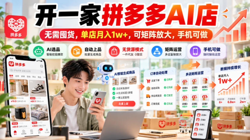 开一家拼多多AI店，无需囤货，单店月入1w+，可矩阵放大，手机可做【揭秘】-云科数创