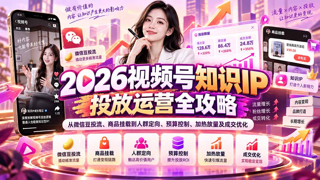 2026视频号知识IP投放运营全攻略:从微信豆投流、商品挂载到人群定向、预算控制、加热放量及成交优化-云科数创