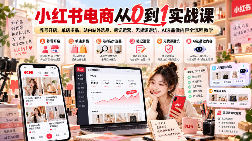 小红书电商从0到1实战课|养号开店、单店多品、站内站外选品、笔记运营、无货源避坑、AI选品做内容全流程教学-云科数创