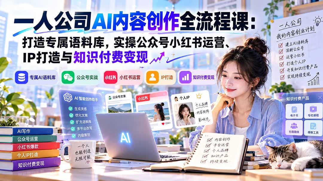 一人公司AI内容创作全流程课:打造专属语料库,实操公众号小红书运营、IP打造与知识付费变现方法论-云科数创