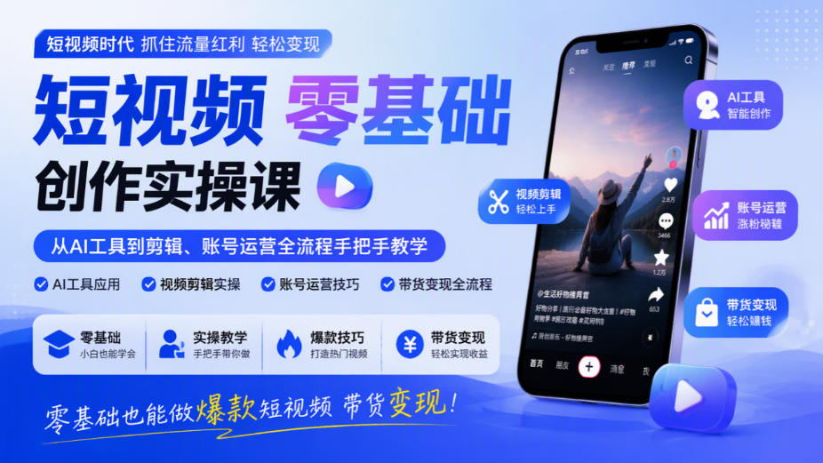 短视频零基础创作实操课,从AI工具到剪辑、账号运营全流程手把手教学,零基础也能做爆款短视频带货变现-云科数创