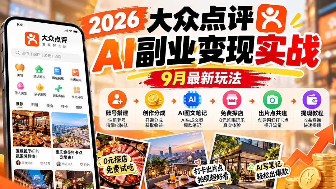 2026大众点评AI副业变现实战9月最新玩法:账号搭建+创作分成+AI图文笔记+免费探店+出片点共建与提现教程-云科数创