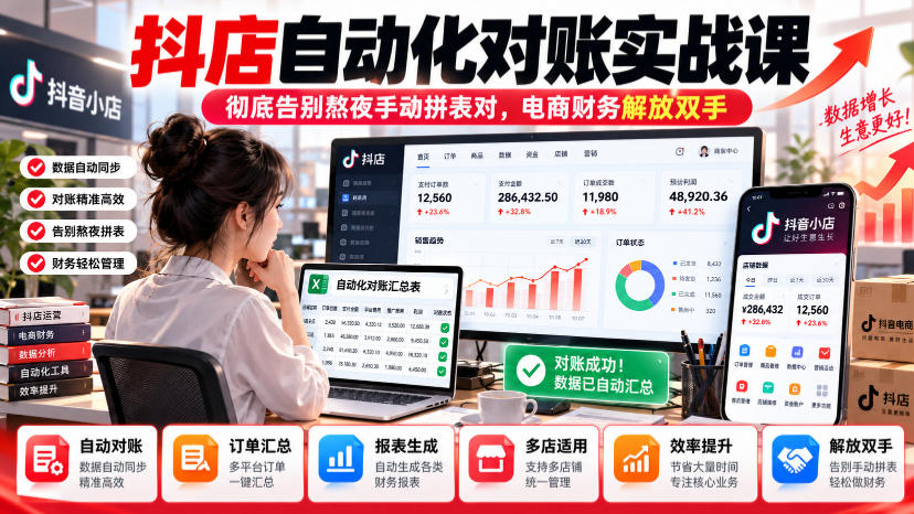抖店自动化对账实战课,彻底告别熬夜手动拼表对,账电商财务解放双手-云科数创