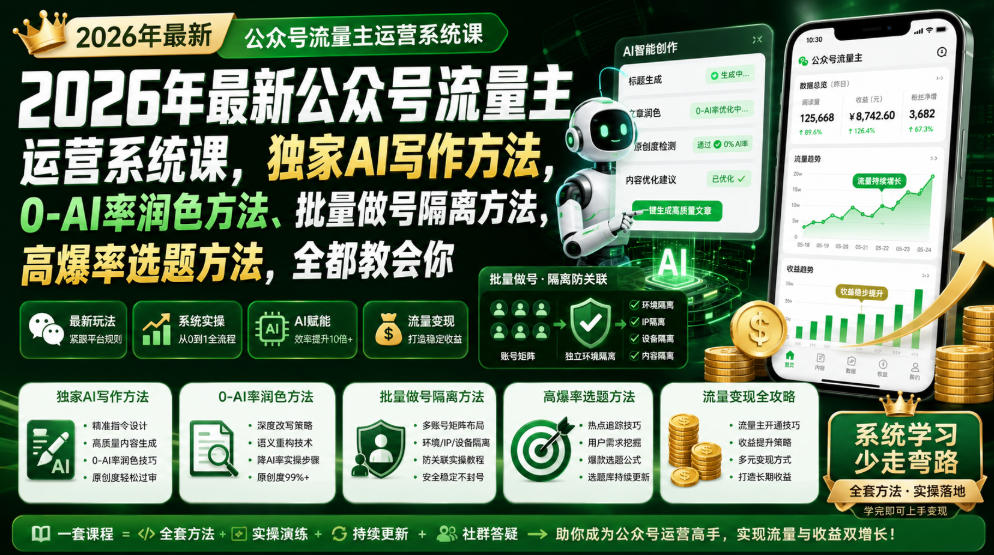 2026年最新公众号流量主运营系统课,独家AI写作方法,0-AI率润色方法、批量做号隔离方法、高爆率选题方法,全都教会你(更新1009)-云科数创