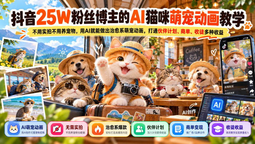 抖音25W粉丝博主的AI猫咪萌宠动画教学,不用实拍不用养宠物,用AI就能做出治愈系萌宠动画,打通伙伴计划、商单、收徒多种收益-云科数创
