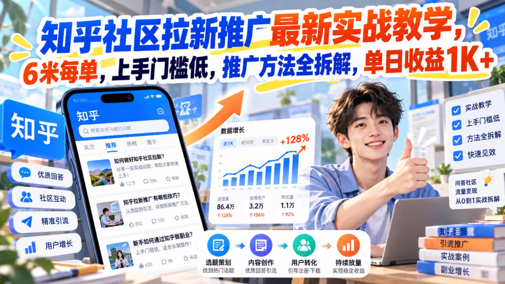 知乎社区拉新推广最新实战教学，6米每单，上手门槛低，推广方法全拆解，单日收益1K+！（更新1010）