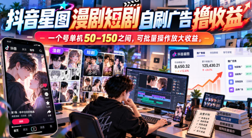 抖音星图漫剧短剧自刷广告撸收益,一个号单机50-150之间,可批量操作放大收益-云科数创