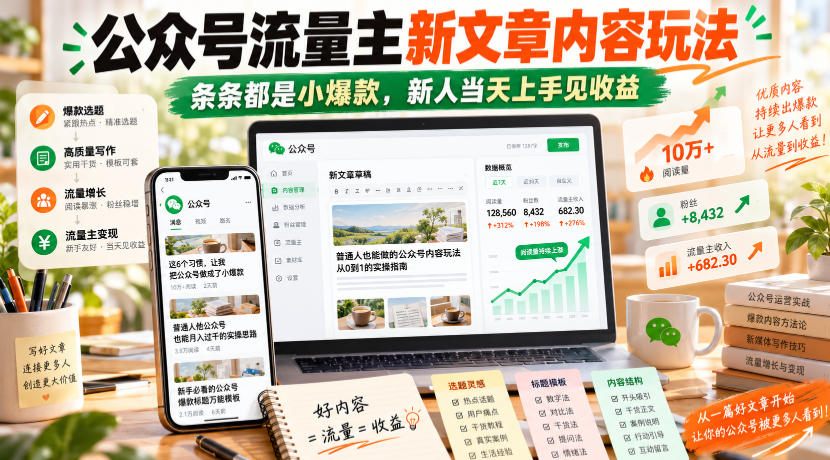 公众号流量主新文章内容玩法,条条都是小爆款,新人当天上手见收益-云科数创