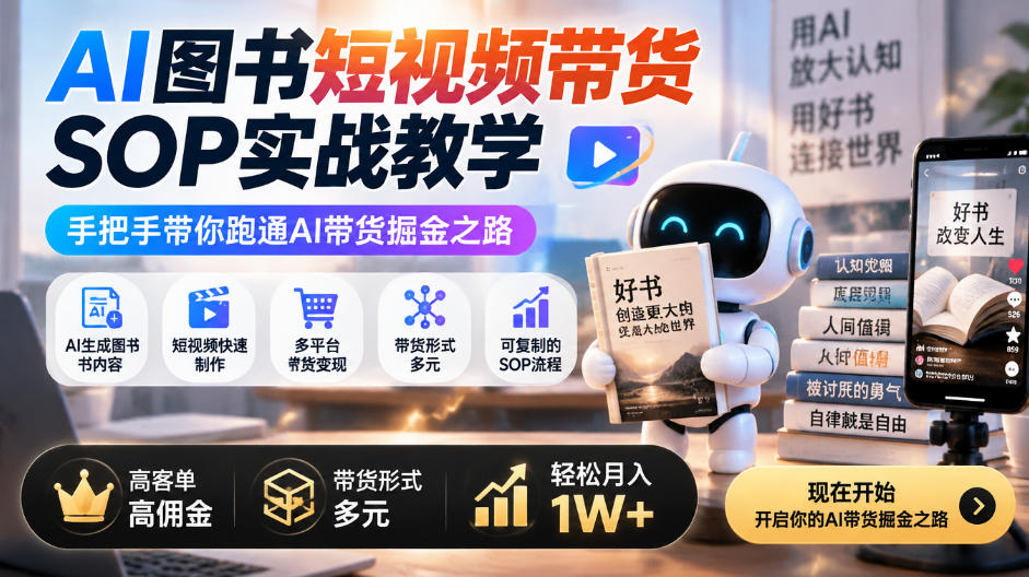 AI图书短视频带货SOP实战教学,手把手带你跑通AI带货掘金之路,高客单高佣金,带货形式多元,轻松月入1W+-云科数创