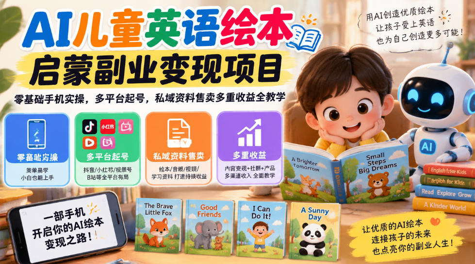AI儿童英语绘本启蒙副业变现项目，零基础手机实操，多平台起号，私域资料售卖多重收益全教学