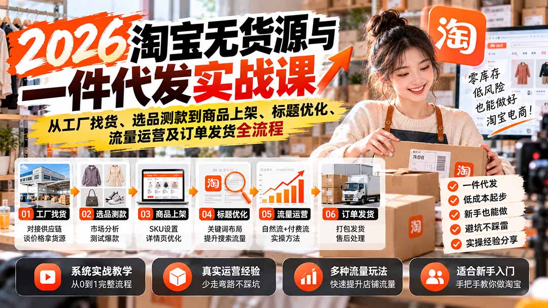 2026淘宝无货源与一件代发实战课:从工厂找货、选品测款到商品上架、标题优化、流量运营及订单发货全流程-云科数创