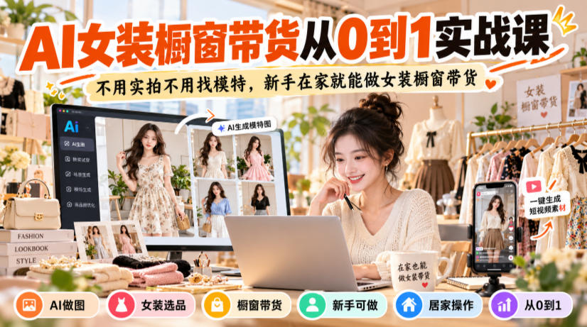 AI女装橱窗带货从0到1实战课，不用实拍不用找模特，新手在家就能做女装橱窗带货-云科数创