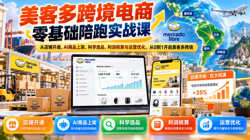 美客多跨境电商零基础陪跑实战课:从店铺开通、AI商品上架、科学选品、利润核算与运营优化,从0到1开启美客多跨境-云科数创